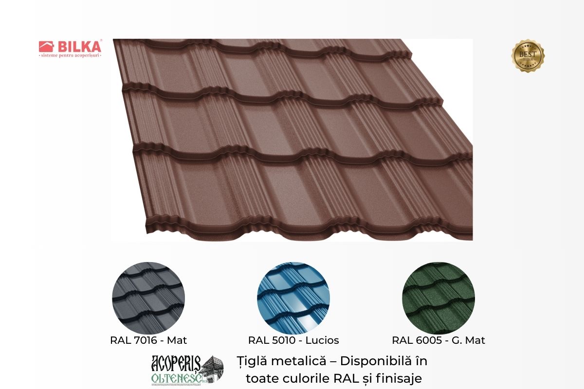 Țiglă metalică Bilka Hellenic – detaliu profil cu striații proeminente